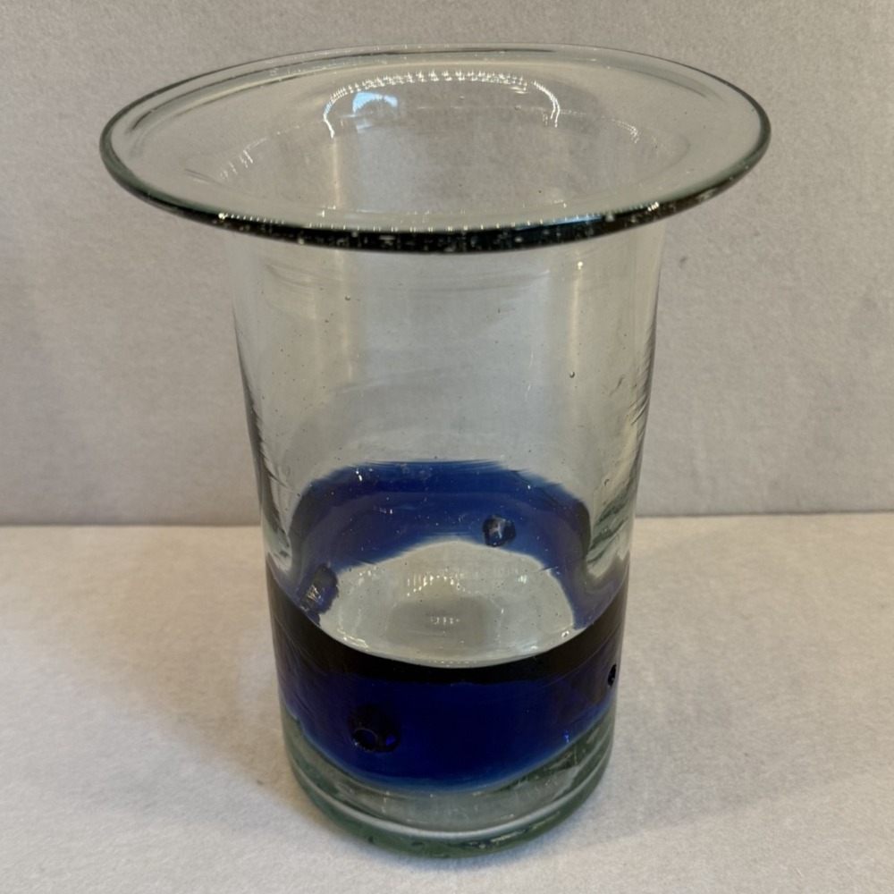 Vintage Mexican Hand Blown Art Glass Vase 9" Cobalt Blue Splash Seed Bubble MCM